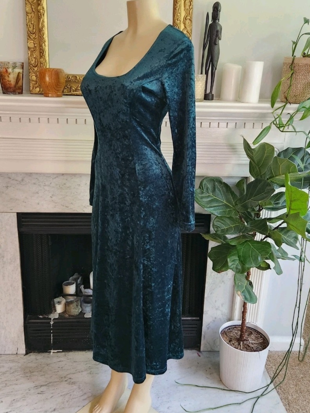 Vintage 80s All That Jazz Green Dress Size M Crushed Velvet Midi Whimsigoth Boho - Picture 3 of 9
